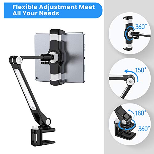 AboveTEK Sturdy iPad Holder, Aluminum Long Arm iPad Tablet Mount, 360° Swivel Tablet Stand & Phone Holder with Bracket Cradle Clamps 4-11" Devices for Kitchen Bedside Office Desk Showcase Display