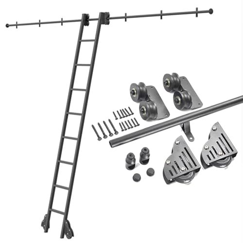 Kit de herrajes para escalera deslizante de tubo redondo negro, escalera de biblioteca, kit de riel completo, soporte, herrajes rodantes, riel redondo, con ruedas de piso (sin escalera)(122cm Kit de p