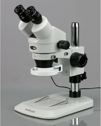 Image of AmScope SM-1BN-64S Professional Binocular Stereo Zoom Microscope, WH10x Eyepieces, 7X-45X Magnification, 0.7X-4.5X Zoom Objective, 64-Bulb LED Ring Light, Pillar Stand, 110V-240V