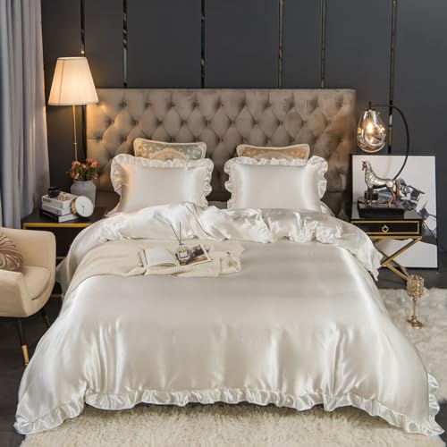 Jolusere White Satin Duvet Cover Queen Ruffled Fringe Duvet Cover Set Solid Color Vintage Luxury Farmhouse Bedding Set 3Pcs Boho Ruffled Comforter Cover Set with Zipper and Ties(No Comforter)