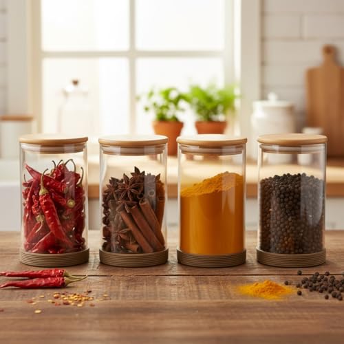Image of Femora Borosilicate Glass Jars with Bamboo Lid I 1000ml Each-Pack of 4 | Transparent Airtight Borosilicate Kitchen Containers Set | Glass Jars for Cookies Snacks Pulses Dry Fruits Nuts