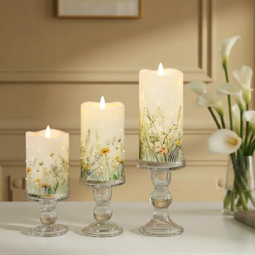 Image of Flameless Candles, Battery Operated Floral Candles with Remote, Fiber Optic Flameless Pillar Candles Set of 3 for Spring Decorations Indoor