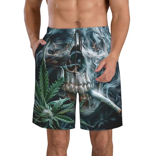 Skull Psychedelic Cannabis Leaf Marijuana Hippie Weed Men's Quick Dry Swim Shorts, Mesh Lined Beach Trunks with Pockets4