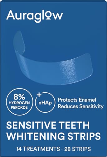 Auraglow Teeth Whitening Strips, Sensitive Whitening Strips, 14 Whitening Treatments, 8% Hydrogen Peroxide with Nano Hydroxyapatite (nHAp) to Reduce Sensitivity and Protect Enamel, 28 Strips, Mint