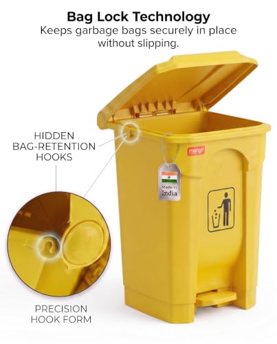 Image of pedal dustbin with lid, heavy duty plastic garbage bin, hands-free step-on waste bin for kitchen, office, home, hotel, bathroom & outdoor use