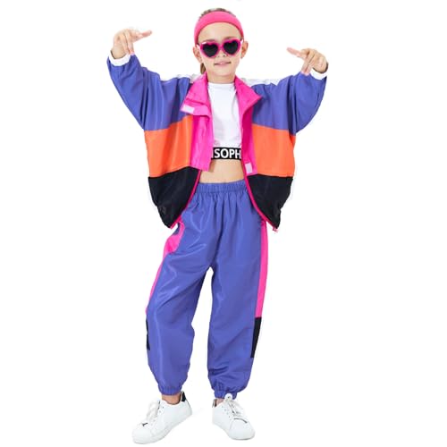 80s Outfit for Kids, Retro 90s Tracksuit Boys Girls Hip Hop Dance Clothes Unisex Patchwork Jacket Pants Sportswear2