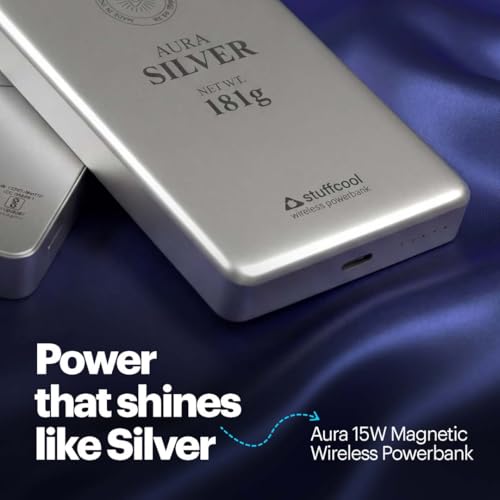 Image of Stuffcool Aura 10000mAh Magnetic Wireless Powerbank 15W Compatible with iPhone Samsung Pixel 20W PD Fast Charging Silver Colour BIS Certified