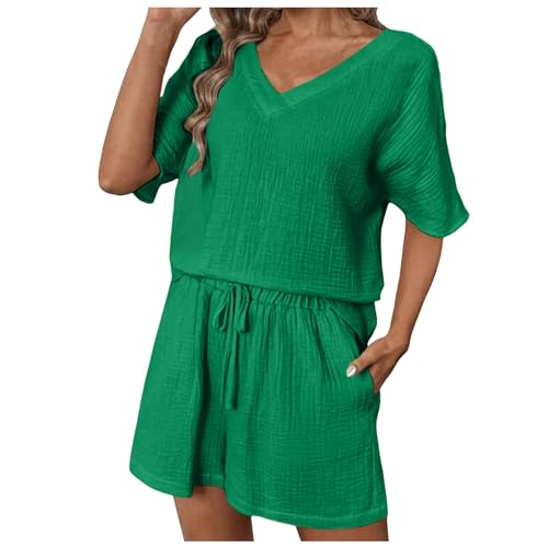 Generisch 2026 novedades en ropa de mujer vestido de verano damas mujeres vacaciones moda casual color sólido verano pantalones cortos camisa top dos piezas conjuntos camisa trajes delgados (verde, L)