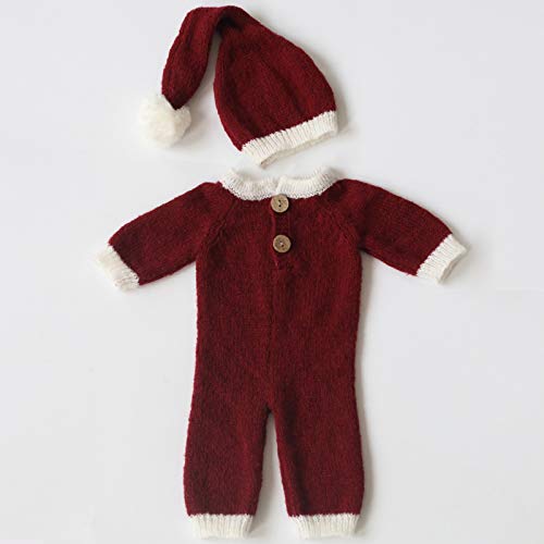 Borlai Pasgeboren Gehaakte Gebreide Fotografie Prop Romper en Mohair Hoed Outfit Voor Baby Jongen Meisje-Wijnrood - Afbeelding 3