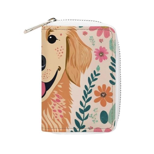 Womens Credit Card Wallet, Portable Mini Zipper Purse Golden Retriever Floral Dogs Card Holder Pu Leather Travel Organizer Bag