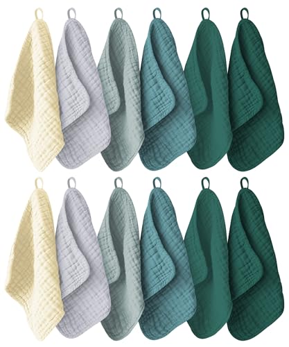 Image of Ease Cubs 12 Pack Muslin Washcloths for Baby - 100% Cotton Baby Wash Cloths for or Baby Face Body Comfy and Soft for Newborn Infants Kids Girls and Boys - 12"x12" - Ivory, Slate and Emerald Series