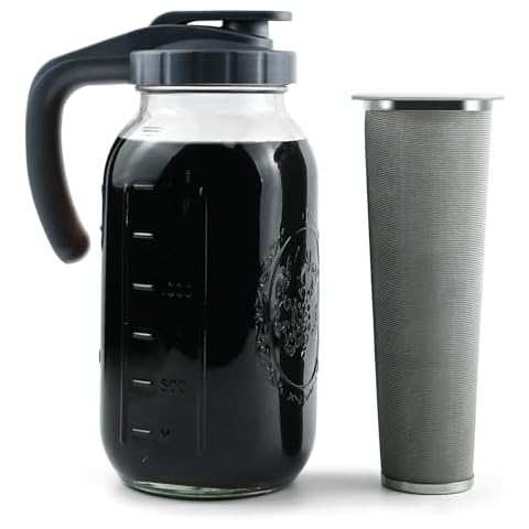 LIVEBAY Cold Brew Coffee Maker, Glass Mason Jar Pitcher with Heavy Duty Stainless Steel Mesh Filter & Flip Cap Lid - Iced Tea & Coffee (2 Quart /64 oz)-Gray Cover