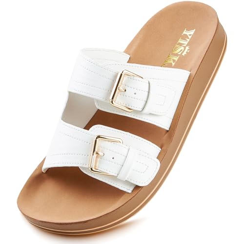 Leather Flat Sandals Beach Essentials Womens Sandals with Adjustable Buckle Memory Foam Vacation Slides for Women Footwear