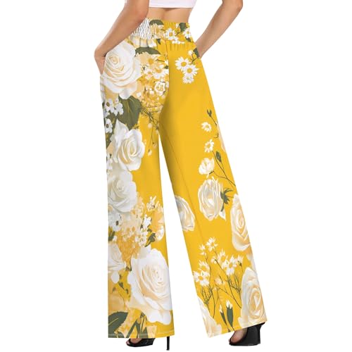 Wide Leg Palazzo Lounge Pants for Women 2025 Summer Boho Flower Flowy Palazzo Pants Beach Pants with Pockets2
