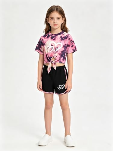 Image of Girls 6 Pieces Summer Outfits Casual Short Sleeve Tee Tops and Dolphin Shorts Set 4-12Y