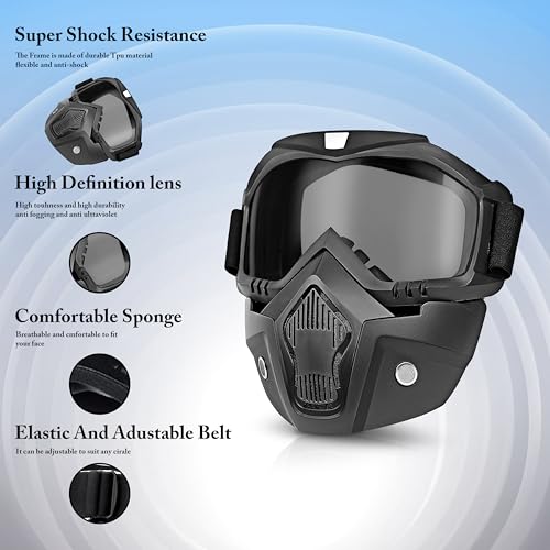 Eliane Reusable Goggle Mask Anti Scratch Uv Protective Face & Eyewear Windproof Dirt Shield with Soft Foam Padded Detachable Mouth Filter for Cycling Bike Off Road Racing Ride Unisex (Black Visor) (Image - 5)