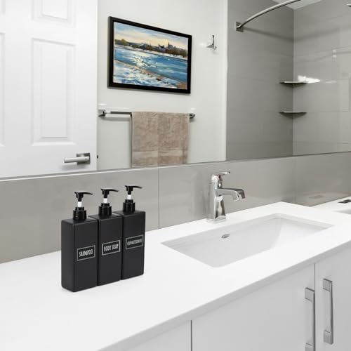 Image of Segbeauty Matte Black Soap Dispenser, 3 Pack 16.9oz Refillable Shampoo and Conditioner Bottles with Labels, 500ml Empty Plastic Square Shower Dispenser Bathroom Soap Dispenser Set for Body Soap