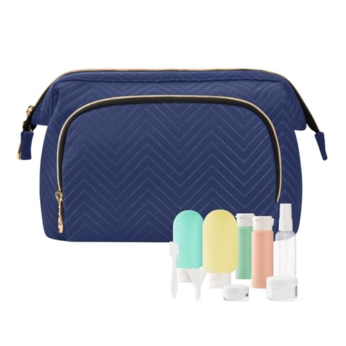 senya Travel Makeup Bag Cosmetic Bag Wide-open Pouch Toiletry bag Make Up Organizer Case with bottles kit for Women (Navy Blue)