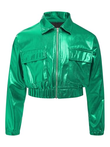 Agoky Chaqueta Metálica Brillante Cuello Vuelto Niños Niñas Abrigo De Manga Larga con Bolsillos Disfraz para Hip-Hop Jazz Latino Verde 7-8 años