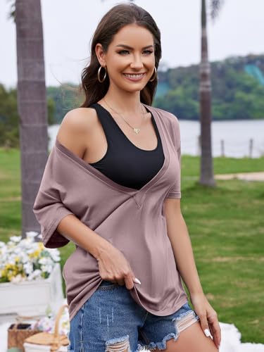 Image of UNCLECAT Womens Deep V Neck T Shirts Summer Oversized Short Sleeve Tops | V Neck, Sexy, Solid, Loose Fit, Casual, Trendy, Going Out, Daily Wear, Workout