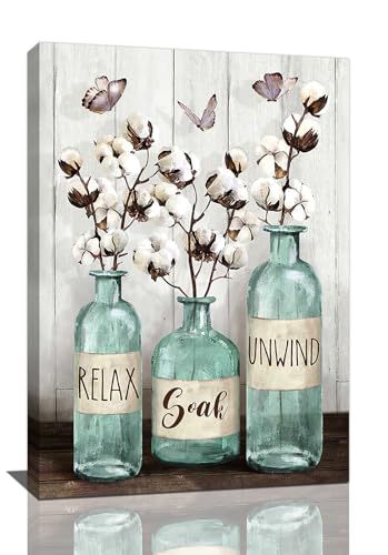 remzoke Bathroom Wall Art Farmhouse Decor Rustic Pictures for Wall Cotton Teal Jar Canvas Prints Relax Soak Unwind Signs Painting Modern Artwork Home Decoration for Bathroom 16"x24"
