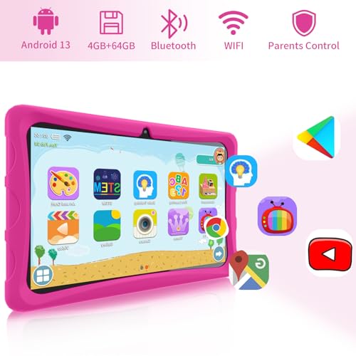 Android 13 Tablet 10.1 inch Tablet for Kids with Case, 4GB RAM 64GB ROM 512GB Expand, Quad-Core Processor, 1280x800 IPS Touch Screen, GPS, WiFi, Dual Camera, 6000mAh, Bluetooth (Pink)