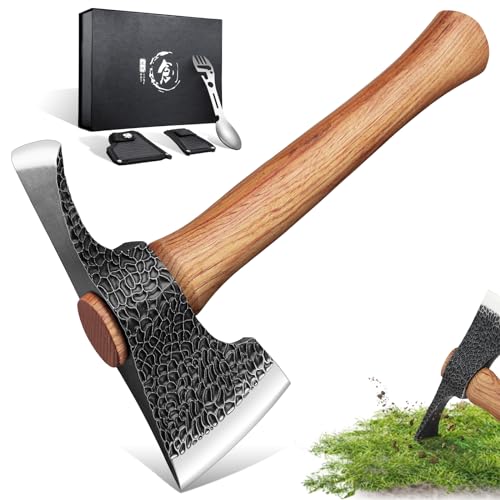 Purple Dragon 2 in1 Beil Axt und Gartenhacke,Axt Holz Spalten Handgeschmiedet Spaltaxt mit Holzgriff,Outdoor Axt Set mit Scheide und Camping Gabel für Garten Wald Survival,Geschenke für Männer