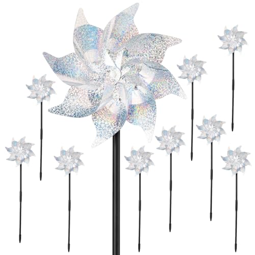 BATTIFE 10 Pack Reflective Pinwheels with Stakes, Pre-Installed Sparkly Silver Wind Spinner, Decorative Pin Wheel Bird and Animal Deterrent for Garden, Yard, Lawn