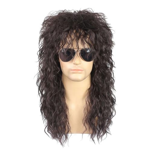 Rocking Dude Peluca - Peluca larga y rizada marrón oscuro, aspecto clásico ligero de metal pesado | Disfraz duradero Anime Tupe Vintage Concierto, Disfraz Retro Cosplay Pelo para conciertos Anime Roll