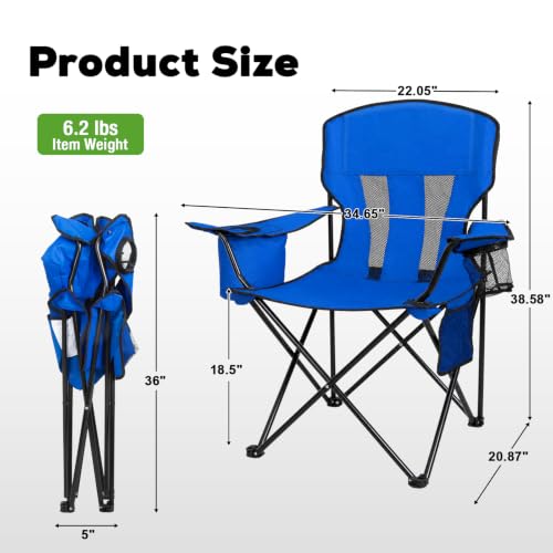 Image of Romswi Portable Camping Chairs for Adult, Folding Outdoor Chairs with 4-Can Cooler Bag, Folding Chair with Mesh Back for Outdoor, Fishing, Garden, 2-Pack, Blue