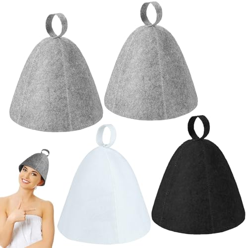 NINGYER 4 Pièces Chapeau de Sauna, 34x23cm Sauna en Feutre pour Femmes Et Hommes Bonnet, Bonnet de Sauna Feutre pour Saunas, Accessoires Salle Bain Et Amateurs Sauna (Gris, Blanc, Noir)