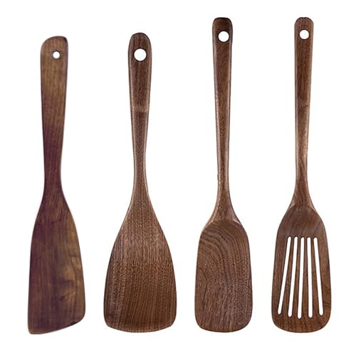 UPTALY Juego de 4 utensilios de cocina de madera (A4), cucharas de nogal negro natural, cucharón grueso, pala de cocina resistente, espátula ranurada de madera, cuchara mezcladora extralarga,
