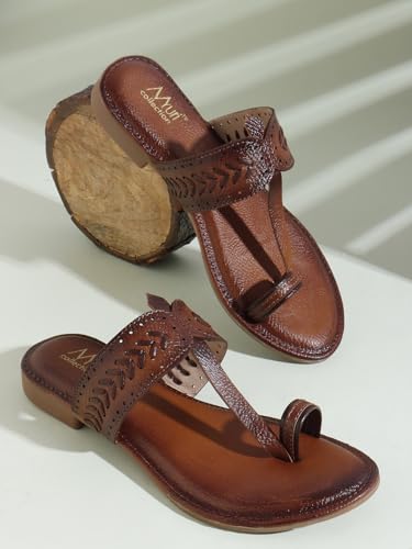 Image of Women's Kolhapuri Chappal Flats | Two-Tone Leatherette Ethnic Sandals with Toe Ring | Comfortable Handcrafted Traditional Slip-On Slippers for Ladies