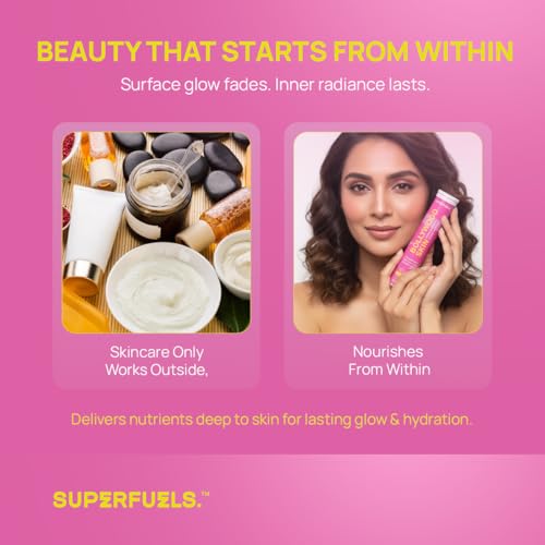 Image of SUPERFUELS Bollywood Skin 500mg L Glutathione Tablets with HLA & ALA | Glowing Skin & Hair | Vitamin C, E, NAC & Biotin | Strawberry Flavor | No Added Sugar | 15 Effervescent Tablets
