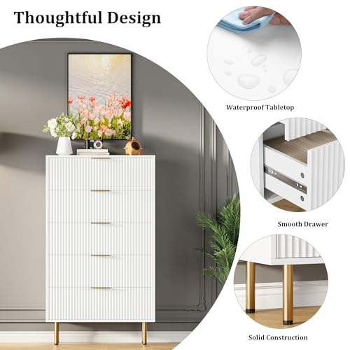 GarveeHome 5 Drawers Dresser for Bedroom, Fluted Dresser Chest of Drawers with Handle, Wood Modern Dressers for Closet, Bedroom Furniture Storage Organizer for Living Room, Hallway