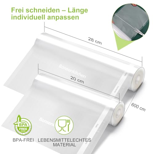 Bonsenkitchen Vakuumrollen 6 Rollen 20cm x 600cm + 28cm x 600cm Vakuumierfolie - Profi Vakuumbeutel für Vakuumierer Lebensmittel Vakuumiergerät, Kochfest und Sous Vide Gefrierbeutel, BPA-frei, VB3211