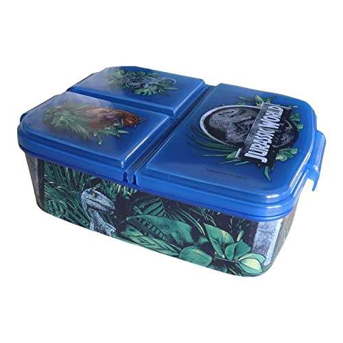 Fiambrera para Niños-Sandwichera con 3 Compartimentos para Guardería, Fiambrera con División Infantil de Plástico Libre de BPA, Gran regalo para niños(Jurassic World)