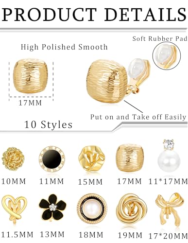 10 pares de aretes clip-on para mujer tono dorado miniatura 2