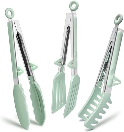 NALACAL Kitchen Tongs for Cooking Small Silicone Tongs 9 Inch Cooking Tweezer Tongs Food Grade Mini Serving Tongs with Silicone Tips for for Baking Decor Grilling Seafood (Green 3 pcs)