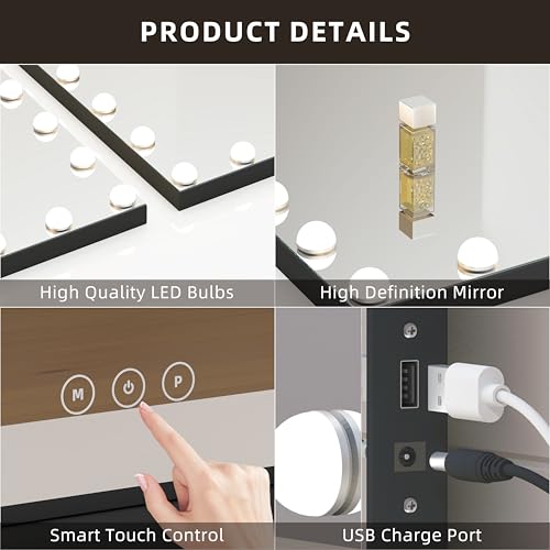 Image of Vanity Mirror with Lights,Makeup Mirror with 17 Dimmable LED Bulbs, 3 Color Lighting Modes Detachable 10X Magnification Mirror Touch Control, 23.6X19,7 inch, Black