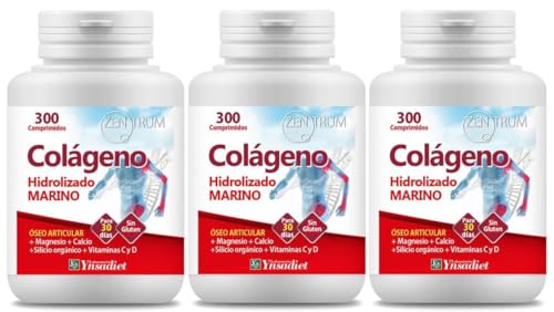 Pack 3 Colágeno Hidrolizado Marino Zentrum Ynsadiet, 900 comprimidos en total, con calcio, magnesio, vitamina C, bambú y vitamina D3, formato ahorro diario.