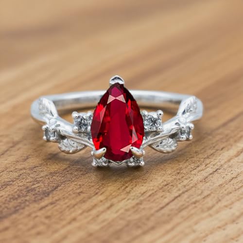 Women's teardrop shape gemstone engagement ring set ruby, sapphire, emerald, amethyst turquoise birthstone 925 silver flower design ring, unique bridal wedding ring, size 4-164