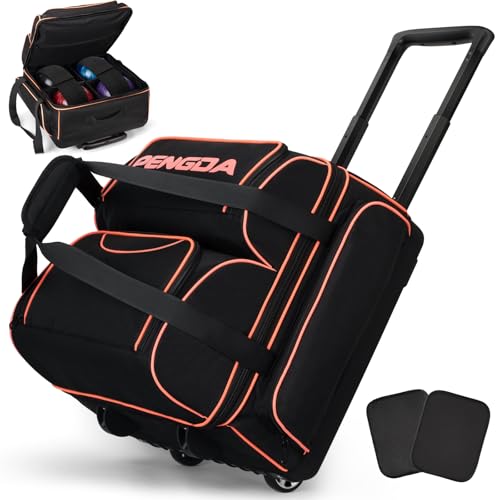 PENGDA 4 Ball Bowling Bag With Wheels Integrated Single-Chamber 4-Ball System 900D Reinforced Oxford Bowling Ball Bag Telescopic Handle Roller Tote Storage Bag for Bowling Accessories and shoes
