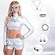 5 Stück Disco Accessoires für Damen,70er Discokugel Spiegelkugel Schmuck Set,Metallische Discokugel Weiß Halskette Armband Damen Glitzer Haarbänder Diamant Sonnenbrille für Fasching Karneval Kostüm
