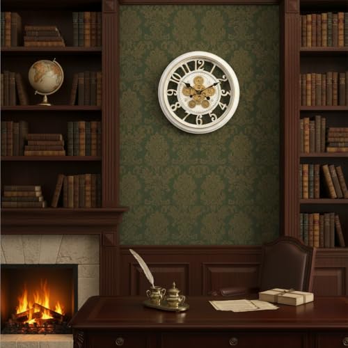Image of STAR WORK Vintage Gear Wall Clock Industrial Rustic Farmhouse Classic Style Mechanical Charm Perfect for Living Room Bedroom Office or Entryway Decor (White -18 INCH)