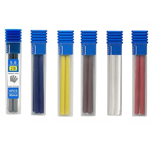 MROOFUL 24 minas para portaminas de 5,6 mm, 6 cajas/minas de lápiz 2B coloridas, recambios de carpintero para dibujar, sombrear, manualidades