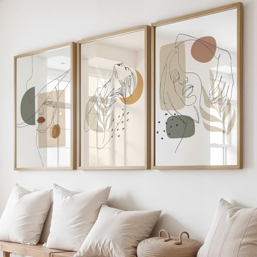 Image of NoWorries Minimalist line art wall Framed Painting Set of 3 | Abstract woman face Prints with Frame | Boho neutral wall decor modern gallery wall set | Scandinavian art prints feminine line drawing | Beige Aesthetic living room, bedroom and office decor contemporary wall art (Art-15, 25x37inch, Wooden)