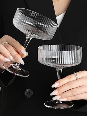 Ribbed Coupe Glasses W Stems(10Oz Each) Aesthetic Glassware: Upgrade Lemon Drop Martini Mix, Expresso Martini, Aperol Spritz & More. Drinking Set Of 4 W/ 4 Stainless Steel Garnish Picks #TOP7