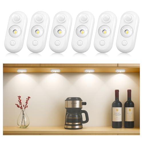 Image of LED Motion Sensor Puck Lights, Small Rechargeable Under Cabinet Light, Dimmable Daylight White Closet Lights, Wireless Under Cabinet Lighting for Drawer, Kitchen (6 Pack)