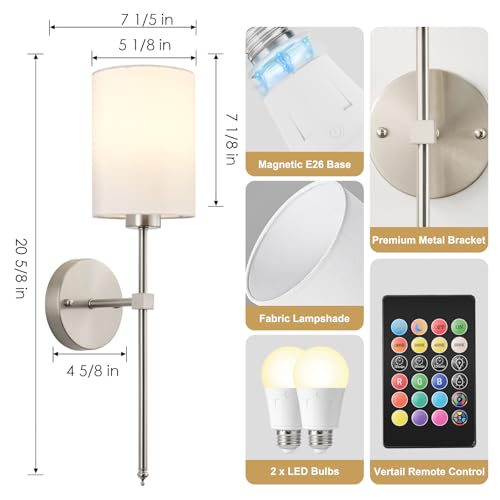 Image of Battery Operated Wall Sconces Set of Two,Wireless Rechargeable Wall Light With Remote Control, Dimmable, Amber Light /Warm White /Natural White /Daylight /RGB,Timer,for Living Room,Bedroom,Entryway,Nickel